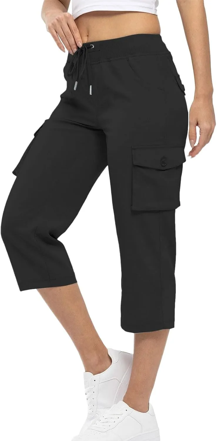 Cargo Capris for Women Casual Drawstring Lightweight Cropped Pants with Pockets Summer Workout Hiking Baggy Trousers
