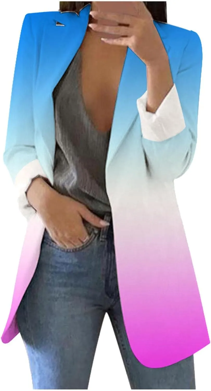 Casual Blazers Jacket for Women Long Sleeve Lapel Cardigan Open Front Printed Coat Fitted Office Work Elegant Patterned Winter Formal Business Mid Length Trendy lantern sleeve Gradient Color Pink