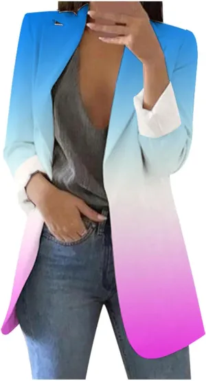 Casual Blazers Jacket for Women Long Sleeve Lapel Cardigan Open Front Printed Coat Fitted Office Work Elegant Patterned Winter Formal Business Mid Length Trendy lantern sleeve Gradient Color Pink