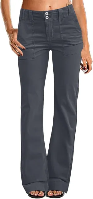Casual Flare Pants for Women Classic Stretch Twill Pants High Waisted Chino Pants Comfy Wide Leg Pants with Pockets