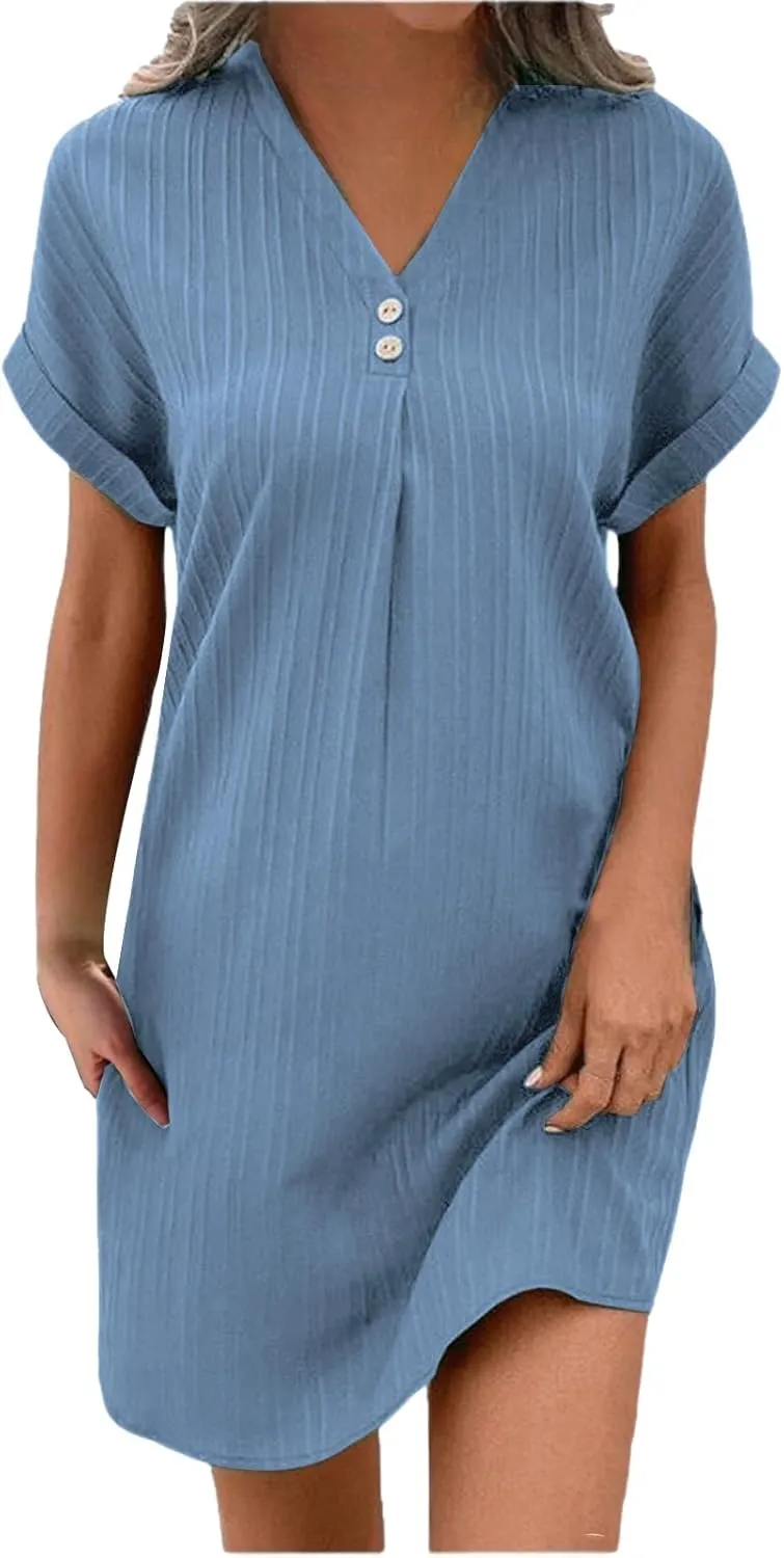 Casual Short Sleeve Summer Dresses for Women 2025 V Neck Boho Beach Dress Mini T Shirt Sundresses Dressy Work Ouftits