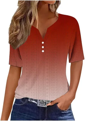 Ceboyel Women Gradient Color Summer Shirts Dressy Causal Eyelet Tops 2024 Henley Blouses Tunic Trendy Vacation Clothing