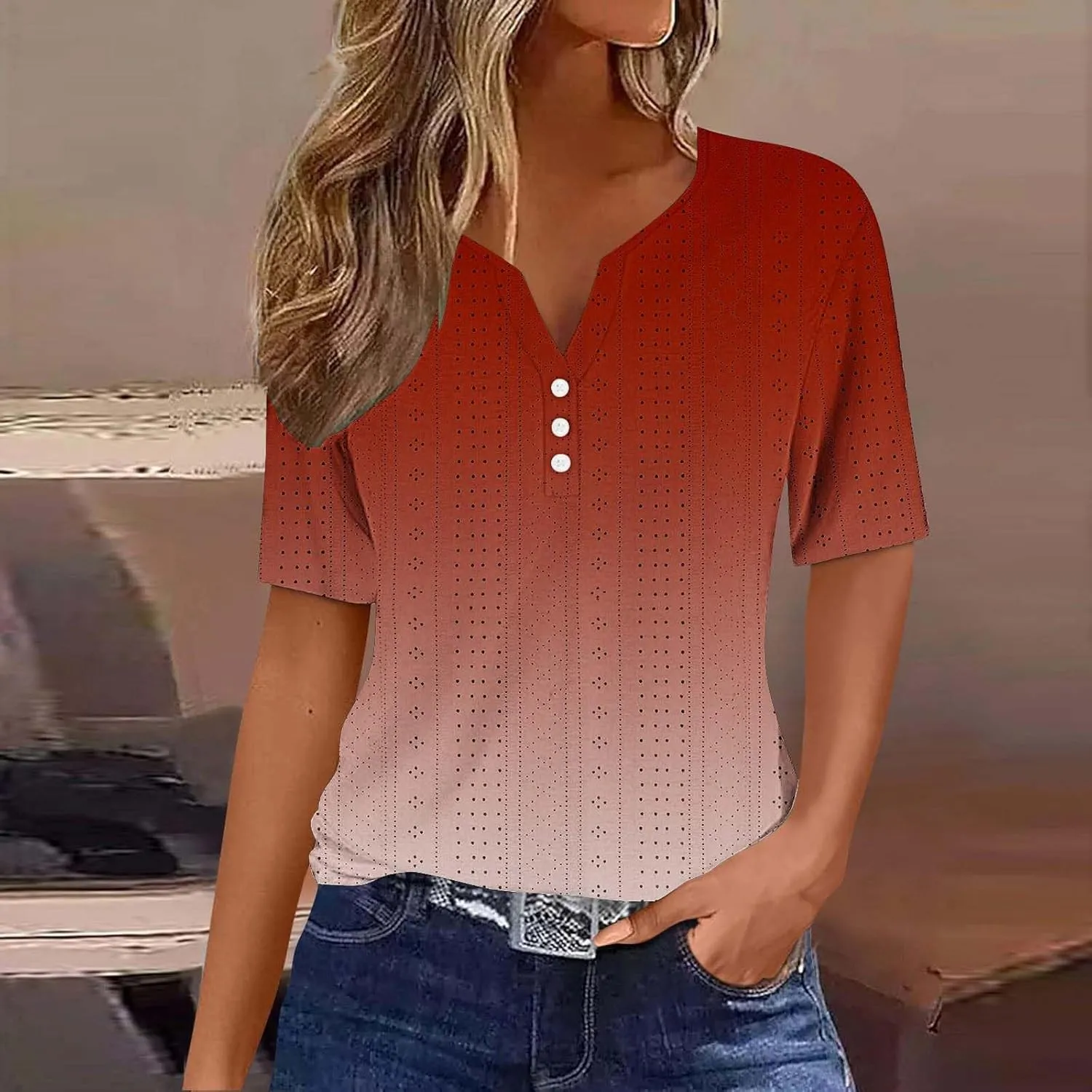 Ceboyel Women Gradient Color Summer Shirts Dressy Causal Eyelet Tops 2024 Henley Blouses Tunic Trendy Vacation Clothing