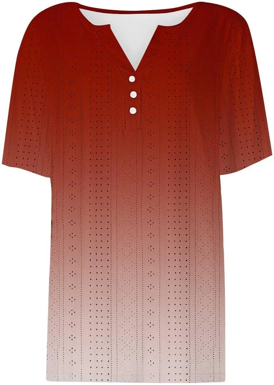 Ceboyel Women Gradient Color Summer Shirts Dressy Causal Eyelet Tops 2024 Henley Blouses Tunic Trendy Vacation Clothing
