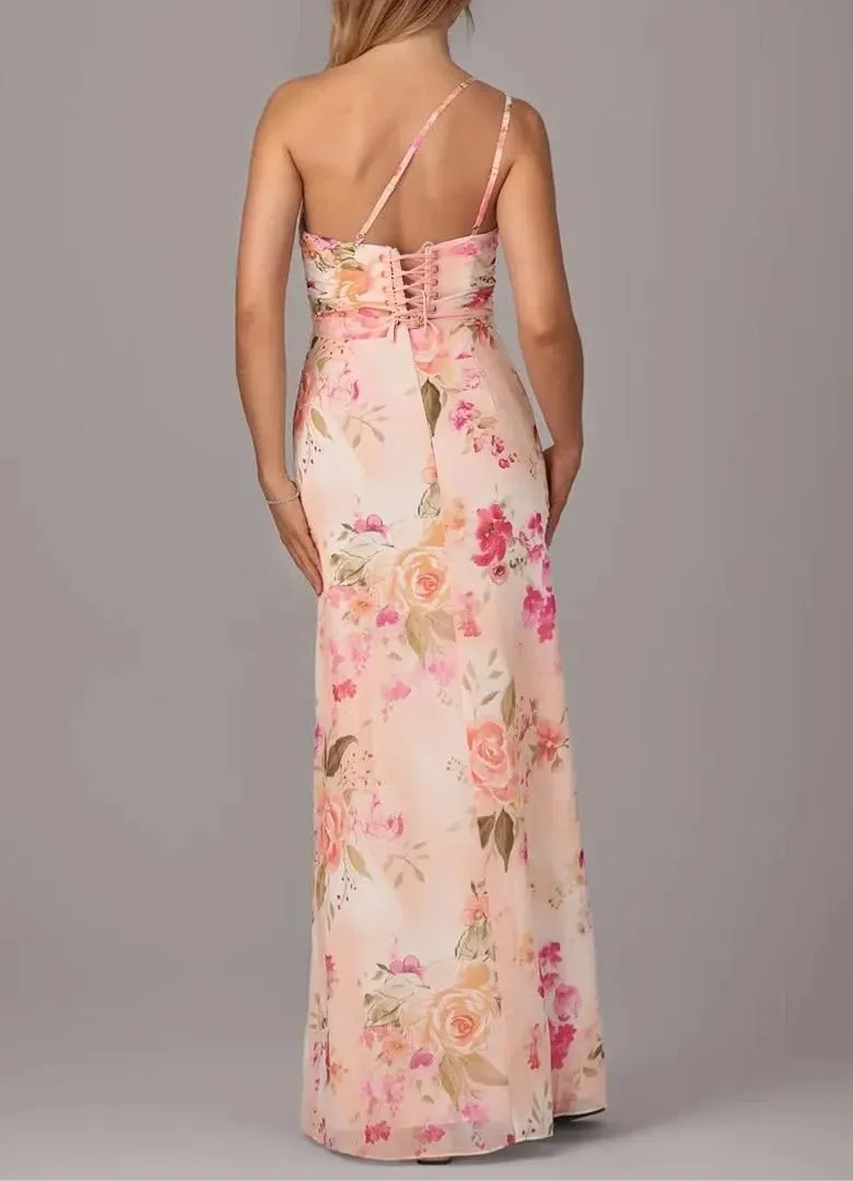 Chiffon One Shoulder Bridesmaid Dresses with Slit Sheath Long Formal Party Dress