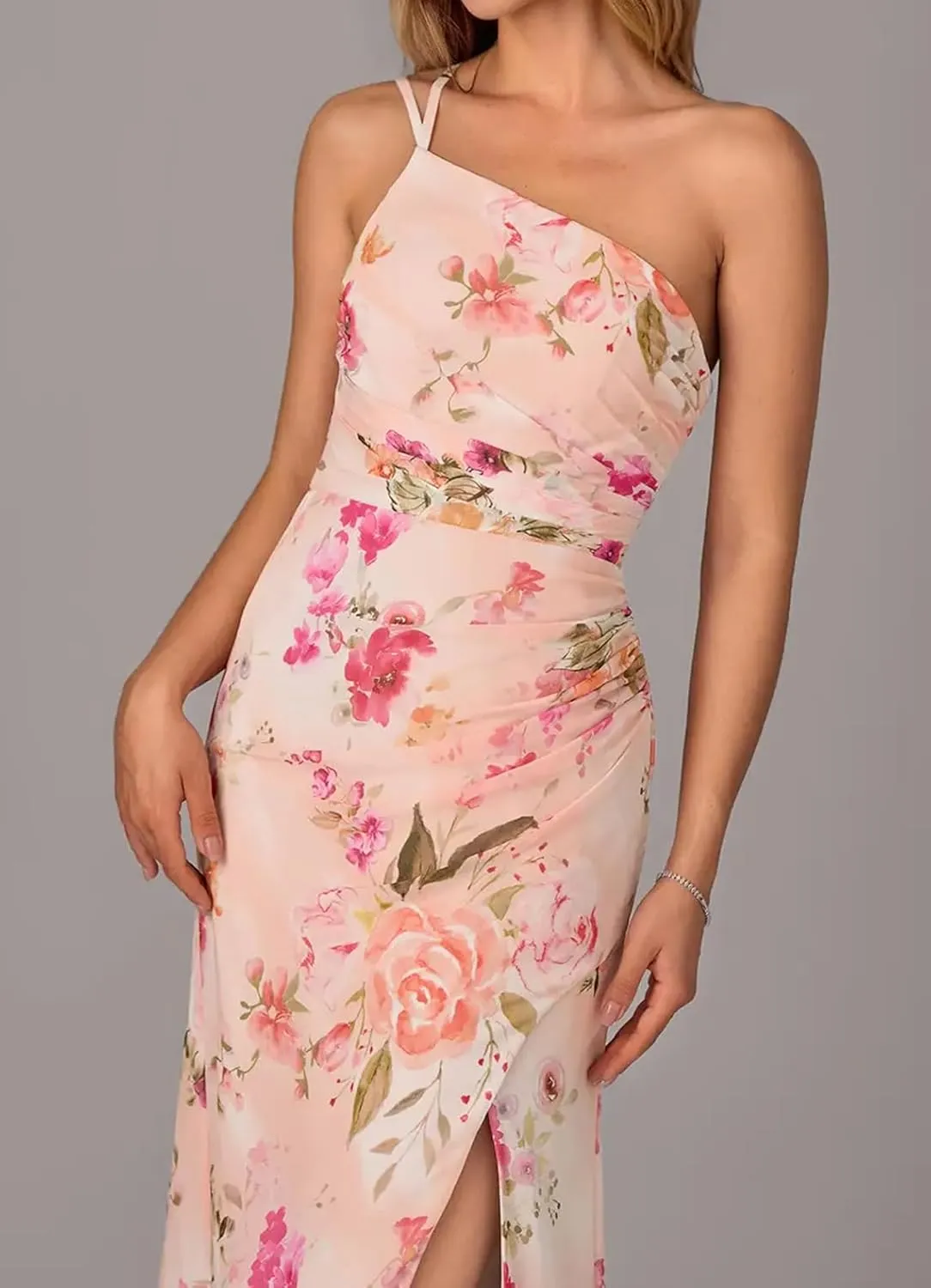Chiffon One Shoulder Bridesmaid Dresses with Slit Sheath Long Formal Party Dress