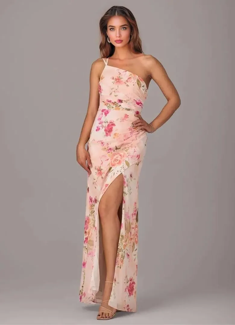Chiffon One Shoulder Bridesmaid Dresses with Slit Sheath Long Formal Party Dress