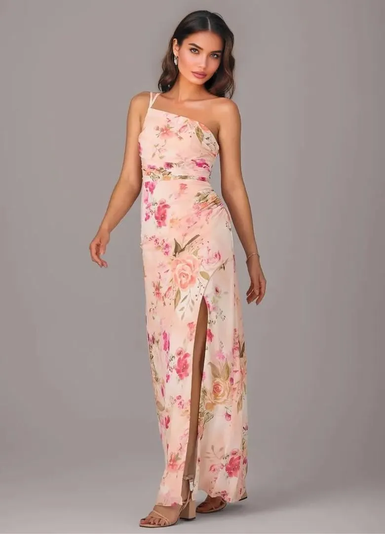 Chiffon One Shoulder Bridesmaid Dresses with Slit Sheath Long Formal Party Dress