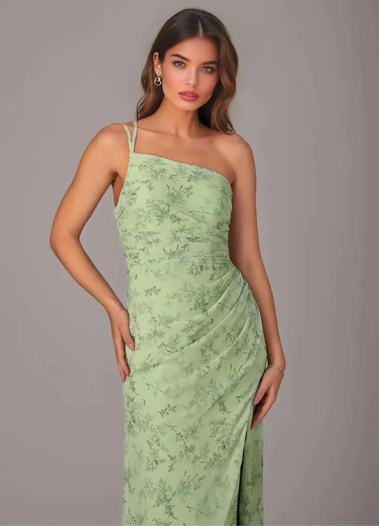 Chiffon One Shoulder Bridesmaid Dresses with Slit Sheath Long Formal Party Dress