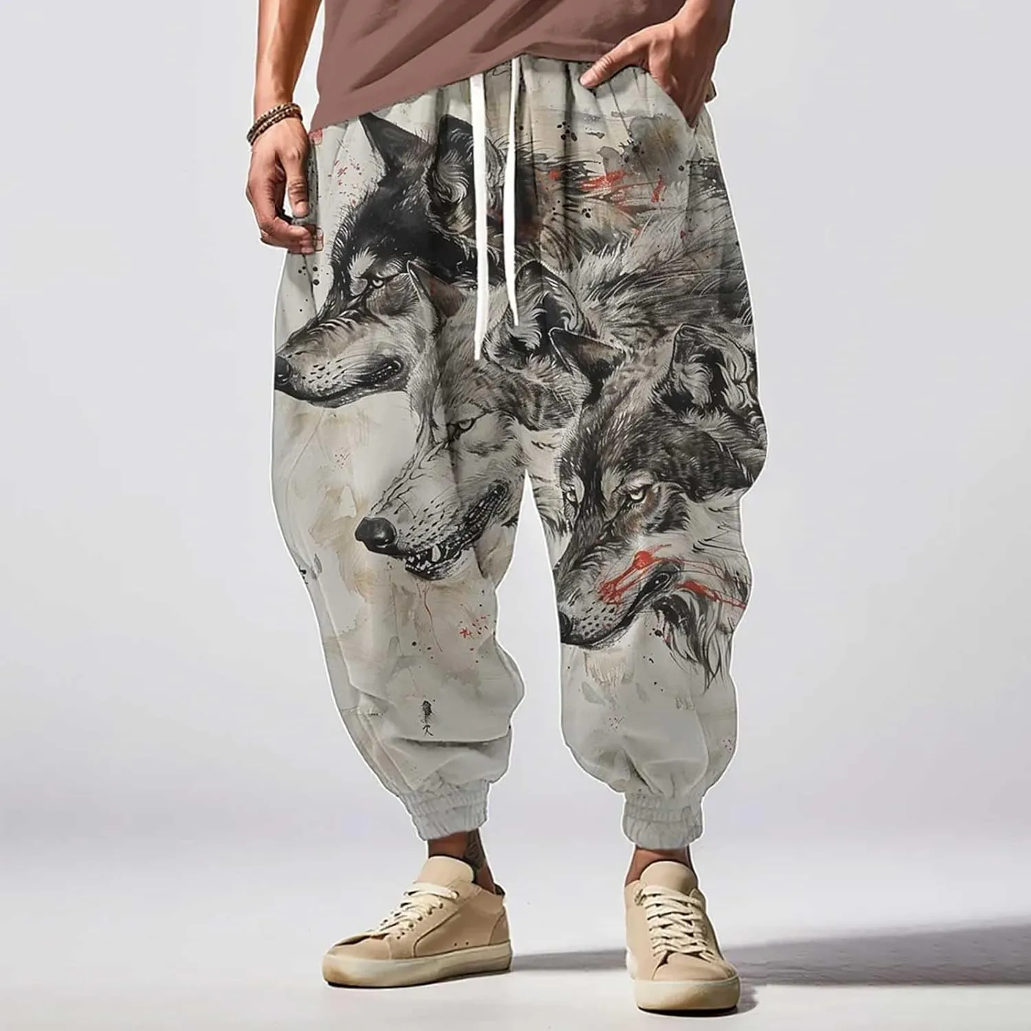 Chinese Style Hip Hop Harem Pants for Men Baggy All Over Print Joggers Sweatpants Tapered Yoga Drop Crotch Trousers