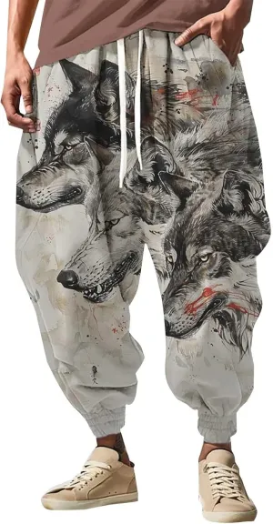 Chinese Style Hip Hop Harem Pants for Men Baggy All Over Print Joggers Sweatpants Tapered Yoga Drop Crotch Trousers