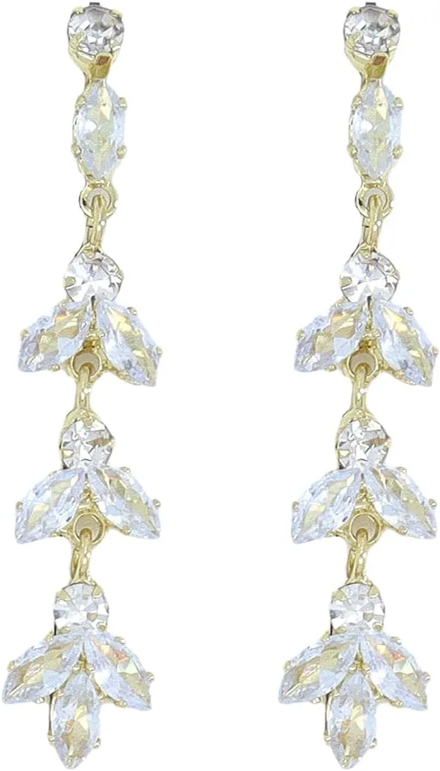 Cluster Rhinestone Bridal Dangle Earrings for Women Sparkly Cubic Zirconia Leaf Marquise Drop Earrings Minimalist Crystal Earrings Wedding Jewelry Gift