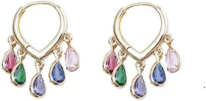 Colorful Teardrop Charm Hoop Earrings  18K Gold Plated Dangle Huggie Earrings with Multicolor Crystal Drops for Women