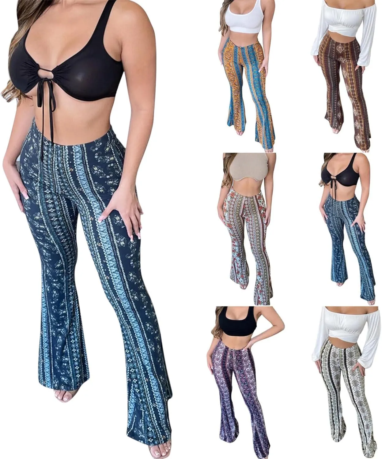 Comfy Flare Leggings&Bell Bottom Leggings for Women/Boho Yoga Pants Girls' Paisley Flare Pants Flower & Color Stripe Pattern