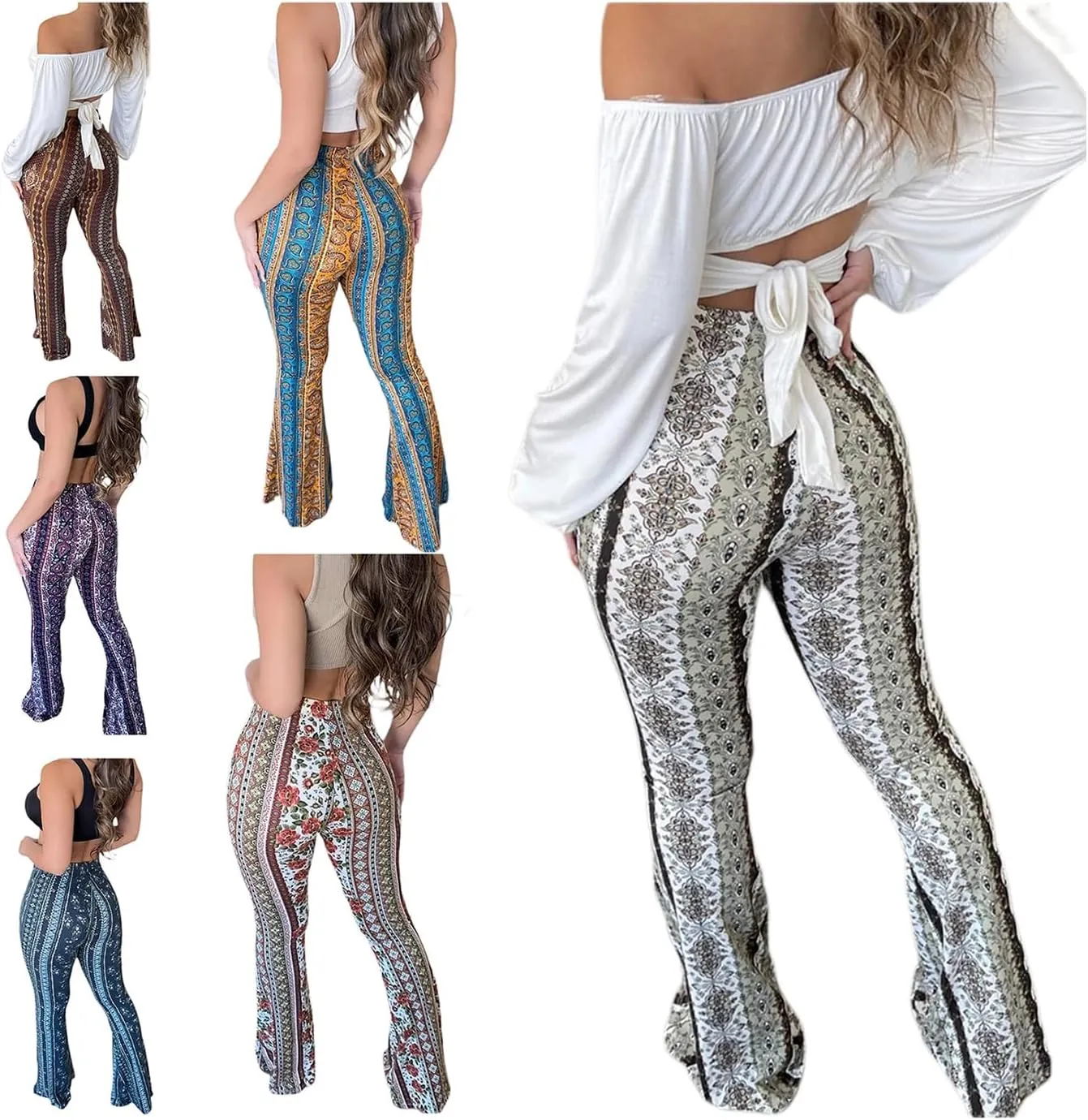 Comfy Flare Leggings&Bell Bottom Leggings for Women/Boho Yoga Pants Girls' Paisley Flare Pants Flower & Color Stripe Pattern