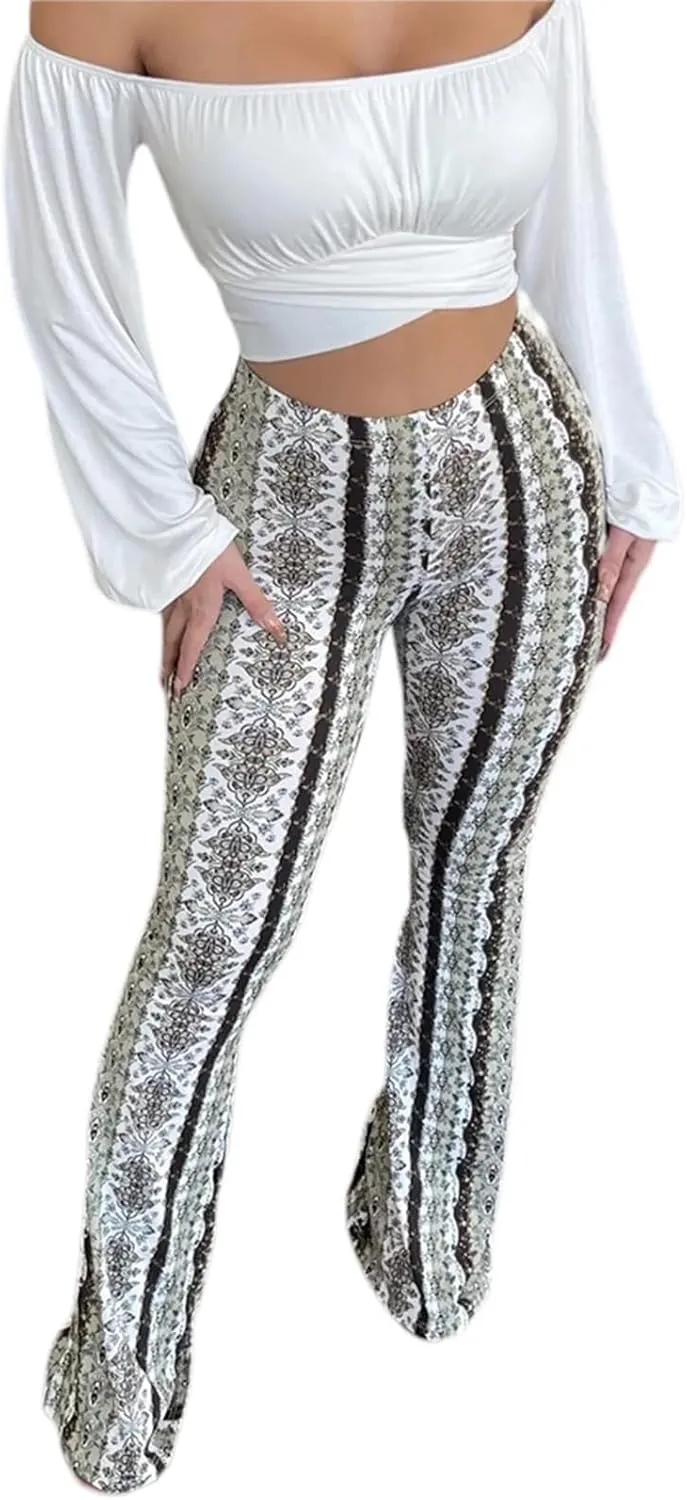 Comfy Flare Leggings&Bell Bottom Leggings for Women/Boho Yoga Pants Girls' Paisley Flare Pants Flower & Color Stripe Pattern
