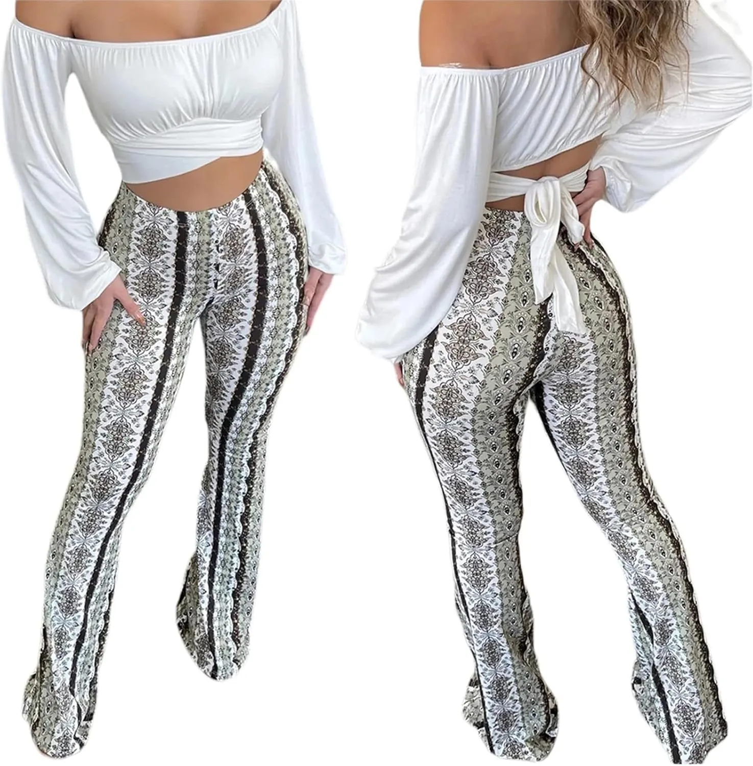 Comfy Flare Leggings&Bell Bottom Leggings for Women/Boho Yoga Pants Girls' Paisley Flare Pants Flower & Color Stripe Pattern