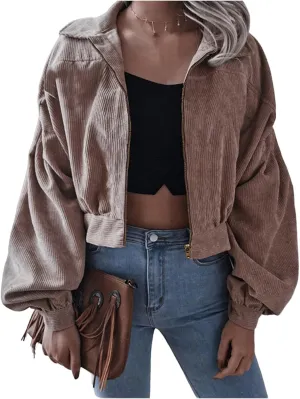 Corduroy Jacket Women Cropped Fall Bomber Jackets Loose Button Down&Zipper Lightweight Shacket Loose Casual Cozy Coat