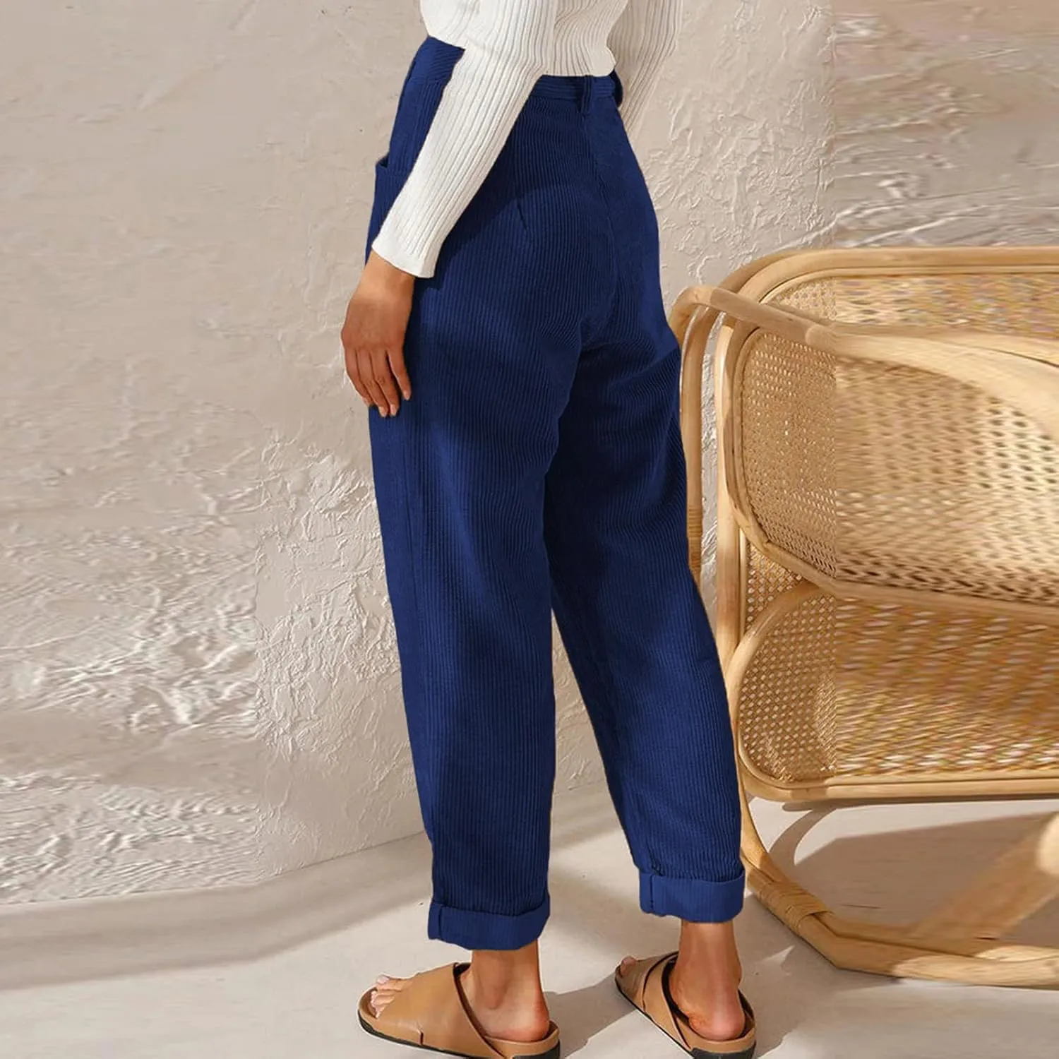 Corduroy Pants Women Baggy Loose Fit Straight Leg Pants Elastic High Waisted Pants Button Work Trousers with Pockets