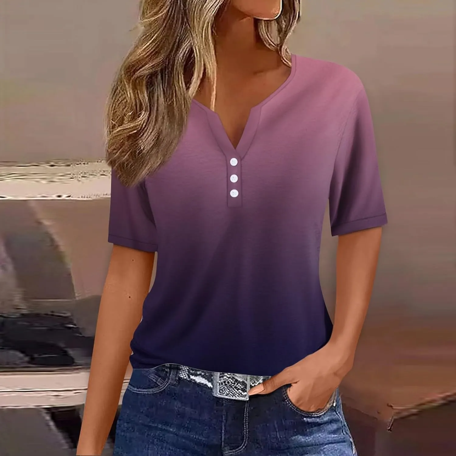 COTECRAM Summer Tops for Women 2024 Short Sleeve Button V Neck Tshirts Trendy Dressy Casual Blouses Loose Fit Graphic Tunics