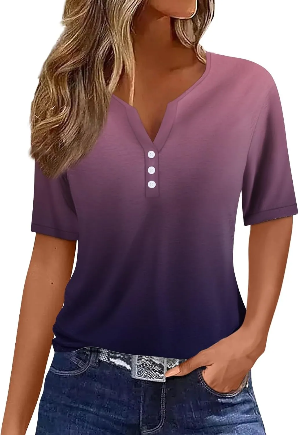 COTECRAM Summer Tops for Women 2024 Short Sleeve Button V Neck Tshirts Trendy Dressy Casual Blouses Loose Fit Graphic Tunics