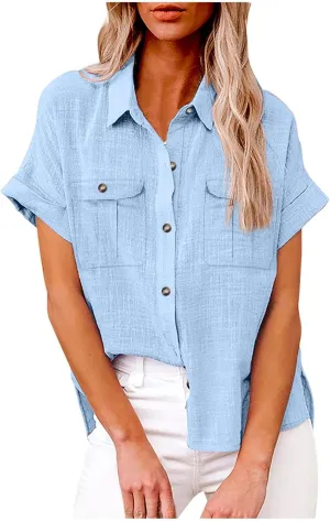 Cotton Linen Button Down Shirts for Women Collared Short Sleeve Work Blouse Trendy Loose Fit Summer Tops with Pocket