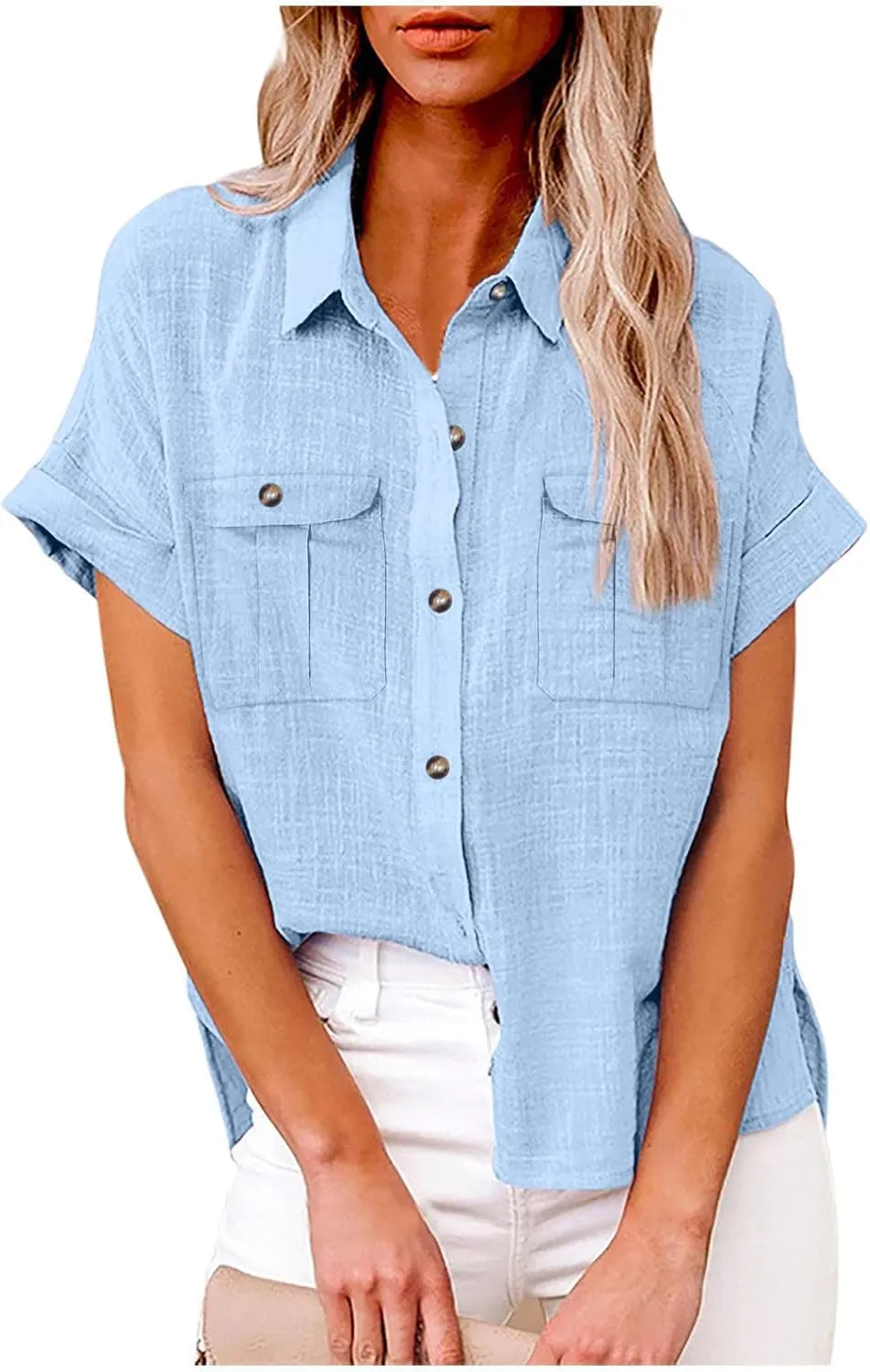 Cotton Linen Button Down Shirts for Women Collared Short Sleeve Work Blouse Trendy Loose Fit Summer Tops with Pocket
