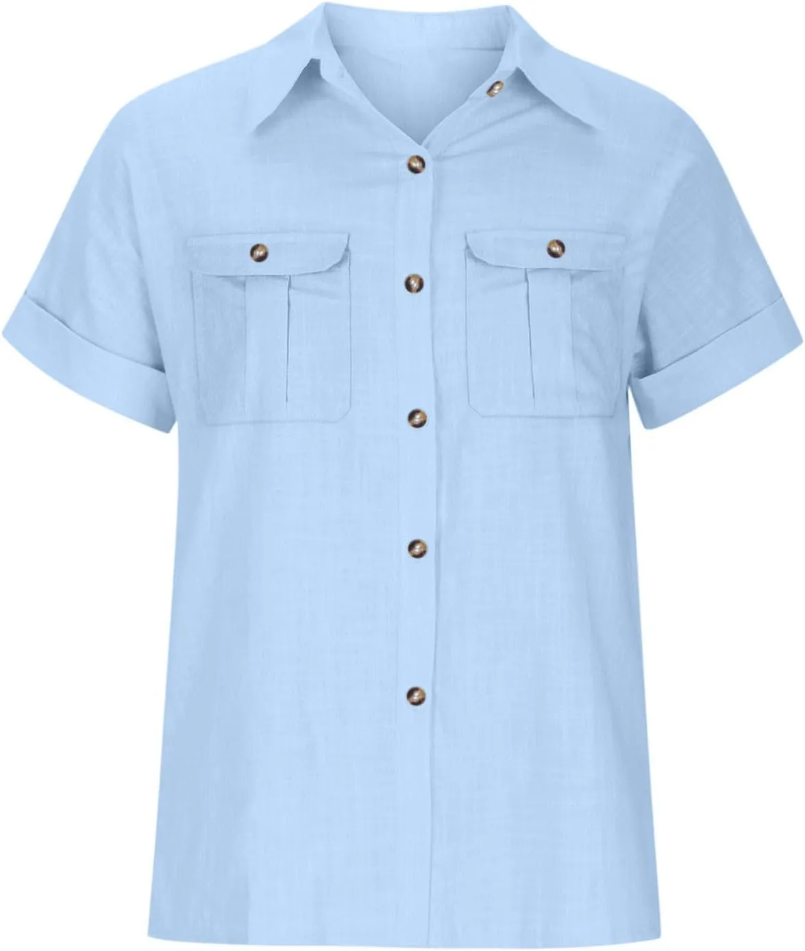 Cotton Linen Button Down Shirts for Women Collared Short Sleeve Work Blouse Trendy Loose Fit Summer Tops with Pocket
