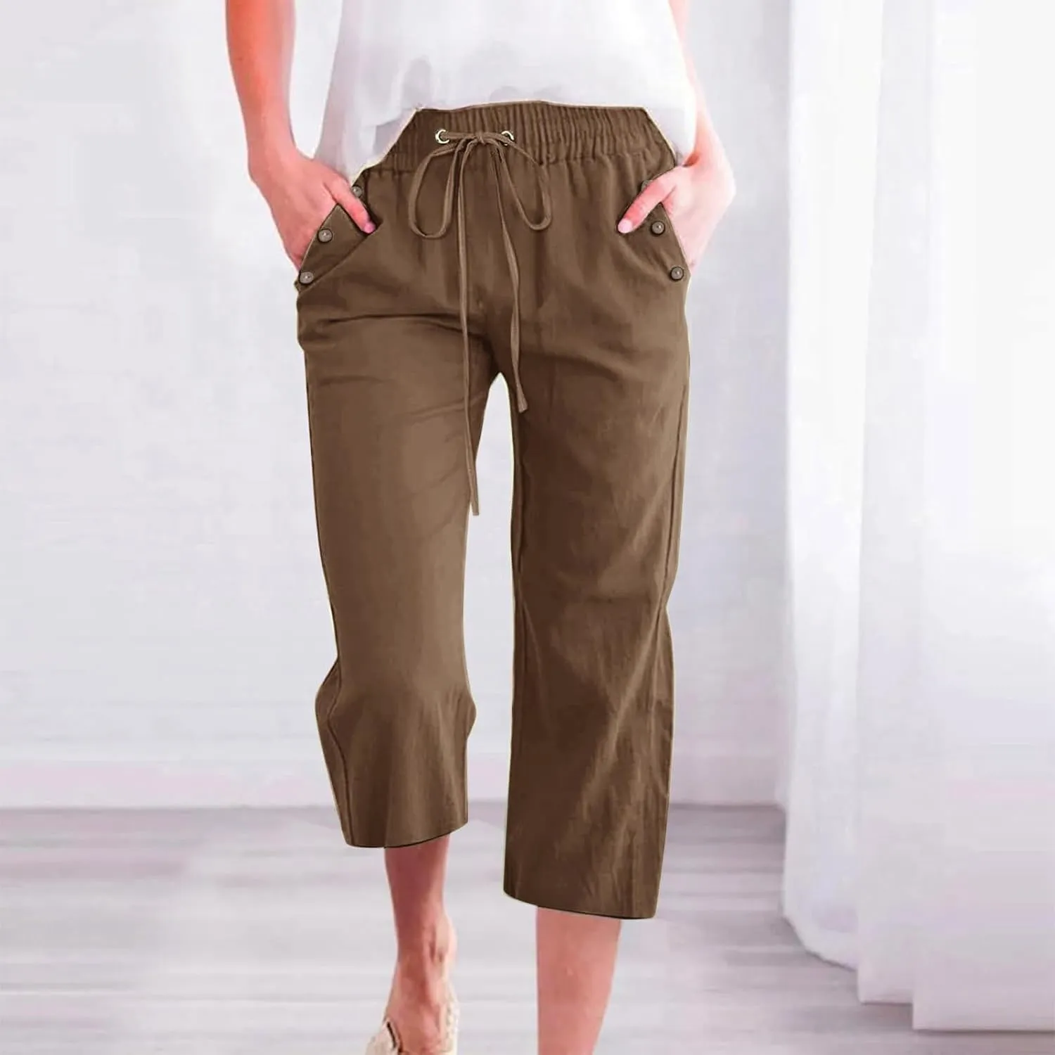 Cotton Linen Capri Pants Women Stretch Breathable Casual Pant Elastic Waist Solid Color Work Loose Comfy Cropped Pant