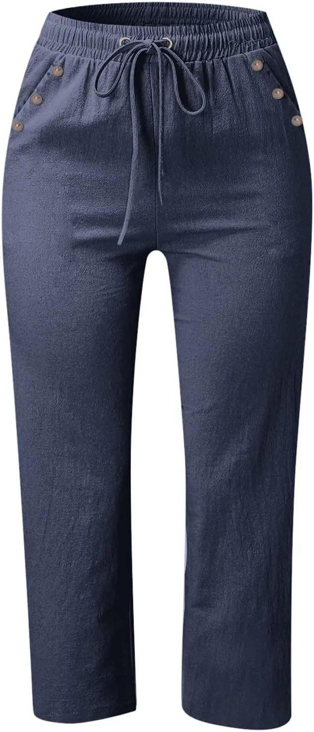 Cotton Linen Capri Pants Women Stretch Breathable Casual Pant Elastic Waist Solid Color Work Loose Comfy Cropped Pant