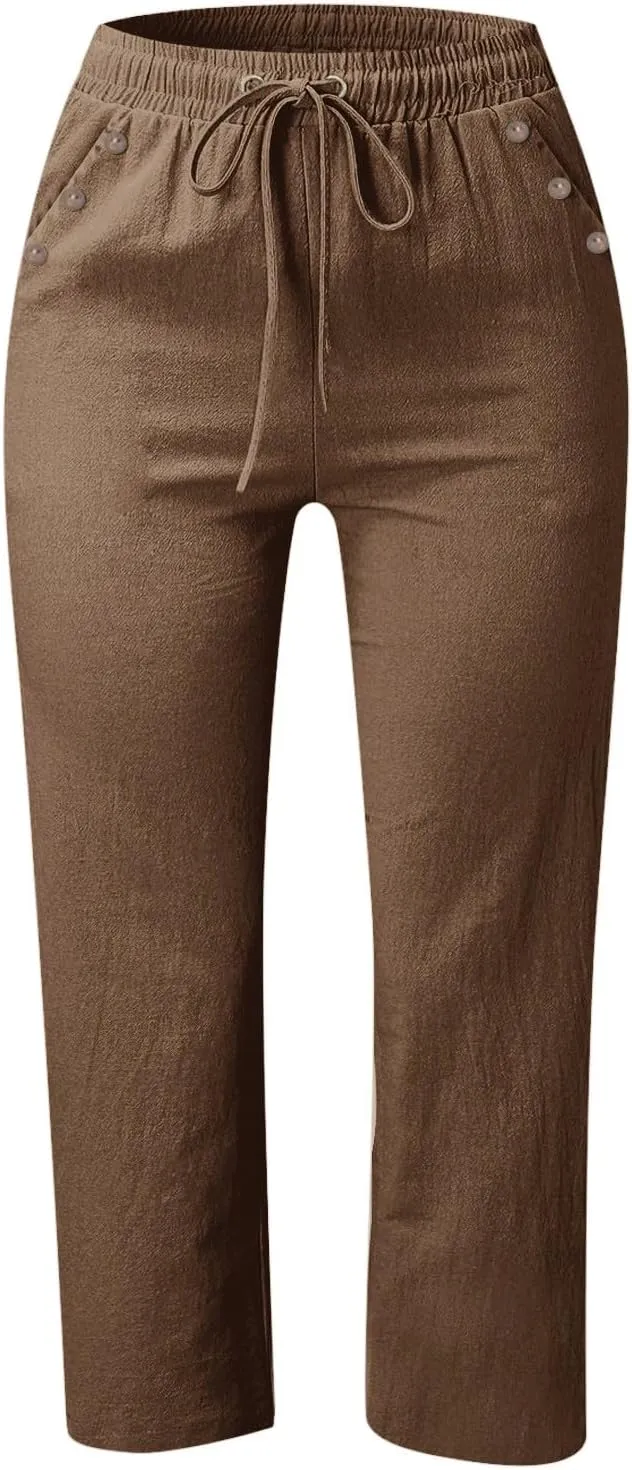Cotton Linen Capri Pants Women Stretch Breathable Casual Pant Elastic Waist Solid Color Work Loose Comfy Cropped Pant