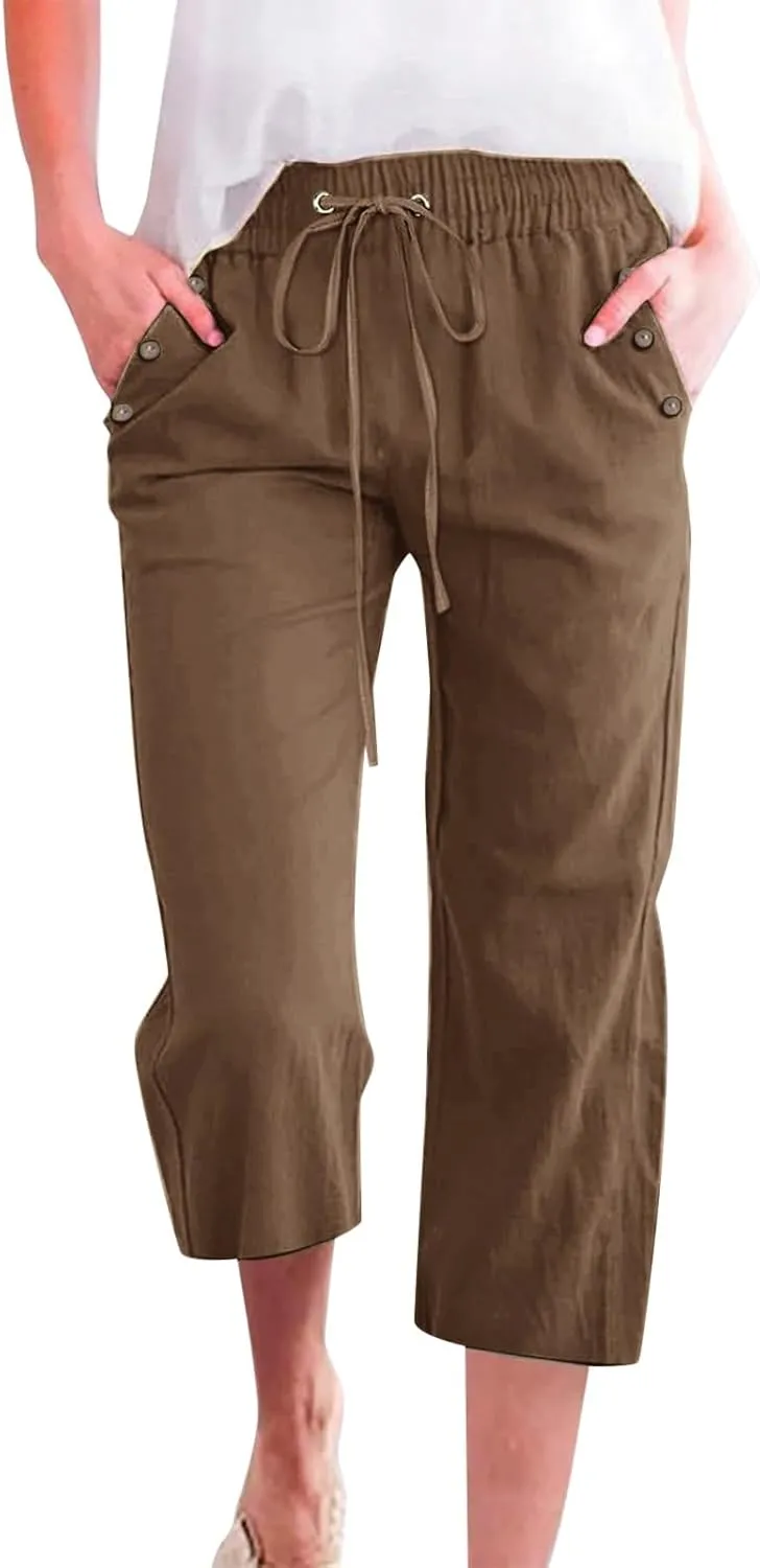 Cotton Linen Capri Pants Women Stretch Breathable Casual Pant Elastic Waist Solid Color Work Loose Comfy Cropped Pant