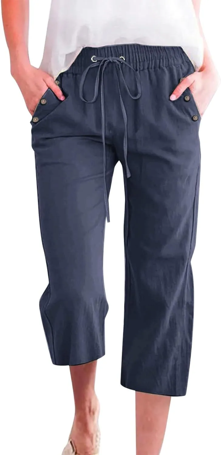 Cotton Linen Capri Pants Women Stretch Breathable Casual Pant Elastic Waist Solid Color Work Loose Comfy Cropped Pant