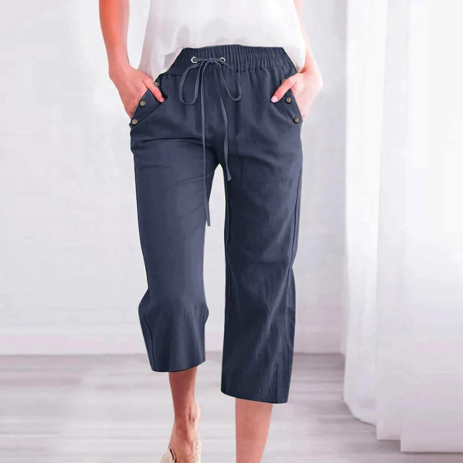 Cotton Linen Capri Pants Women Stretch Breathable Casual Pant Elastic Waist Solid Color Work Loose Comfy Cropped Pant