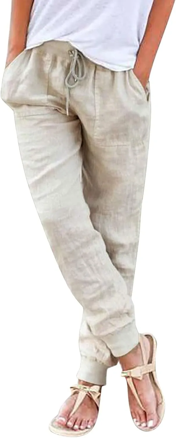 Cotton Linen Casual Summer Capri Pants for Women Cropped Comfy Baggy Trousers with Pockets Palazzo Lounge Pants
