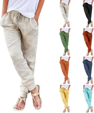 Cotton Linen Casual Summer Capri Pants for Women Cropped Comfy Baggy Trousers with Pockets Palazzo Lounge Pants