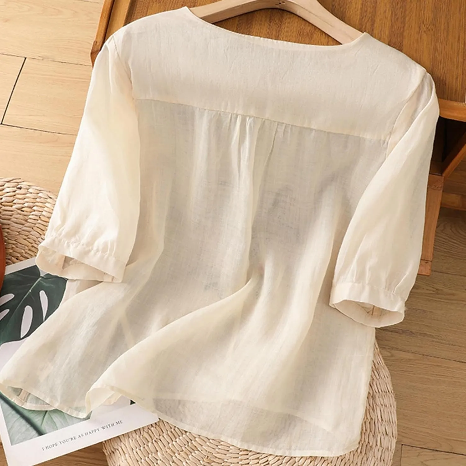 Cotton Linen Embroidery Blouse for Women Casual Crewneck Button Up Half Sleeve Shirts Boho Floral Loose Fit Tunic Tops