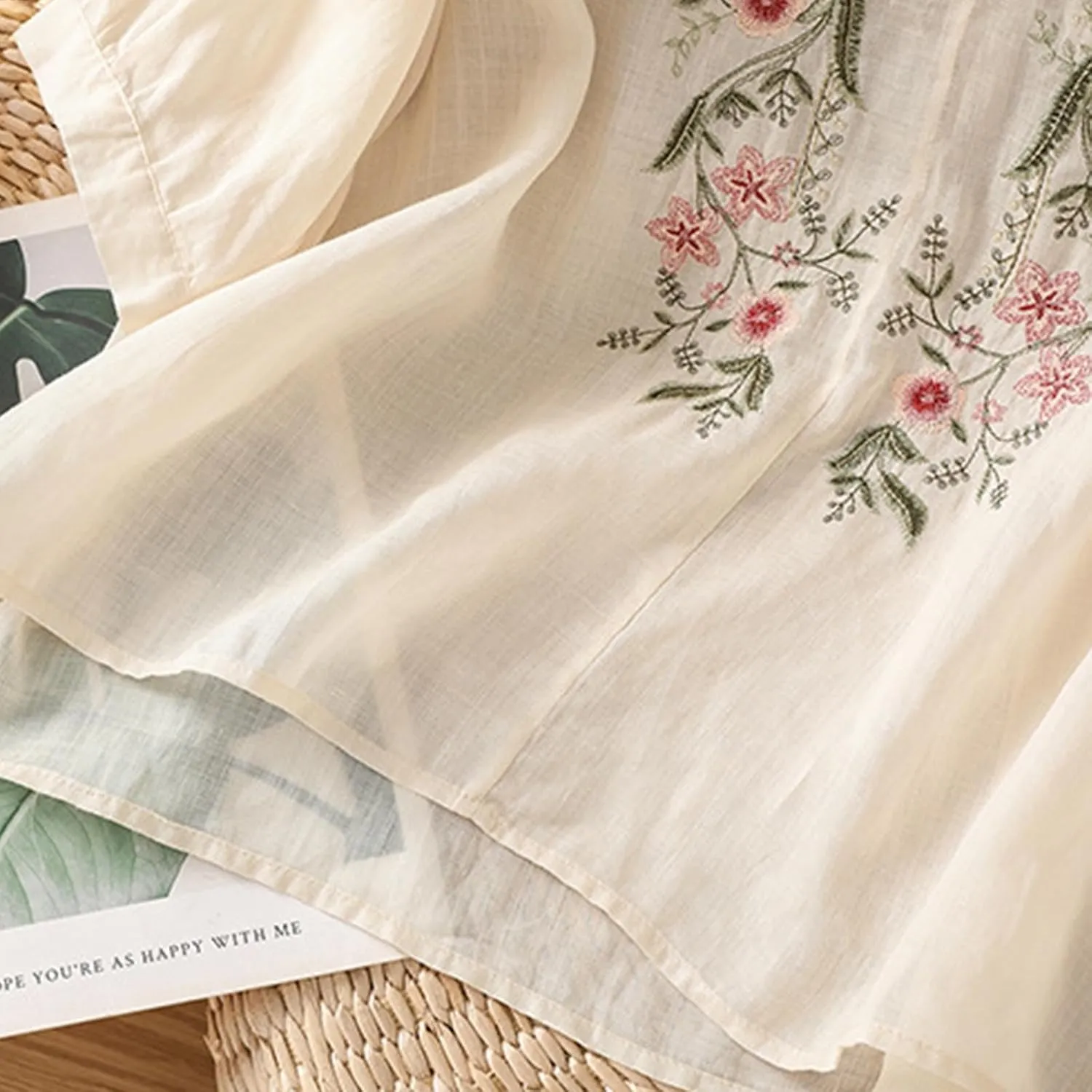 Cotton Linen Embroidery Blouse for Women Casual Crewneck Button Up Half Sleeve Shirts Boho Floral Loose Fit Tunic Tops