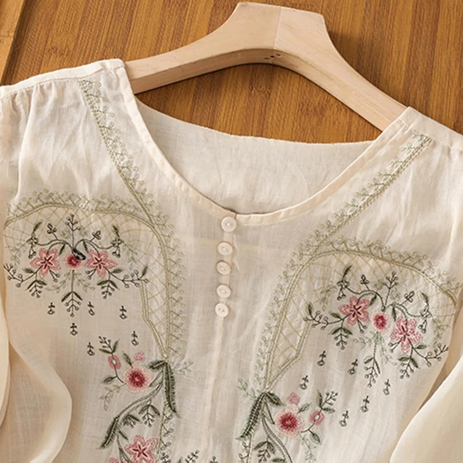 Cotton Linen Embroidery Blouse for Women Casual Crewneck Button Up Half Sleeve Shirts Boho Floral Loose Fit Tunic Tops