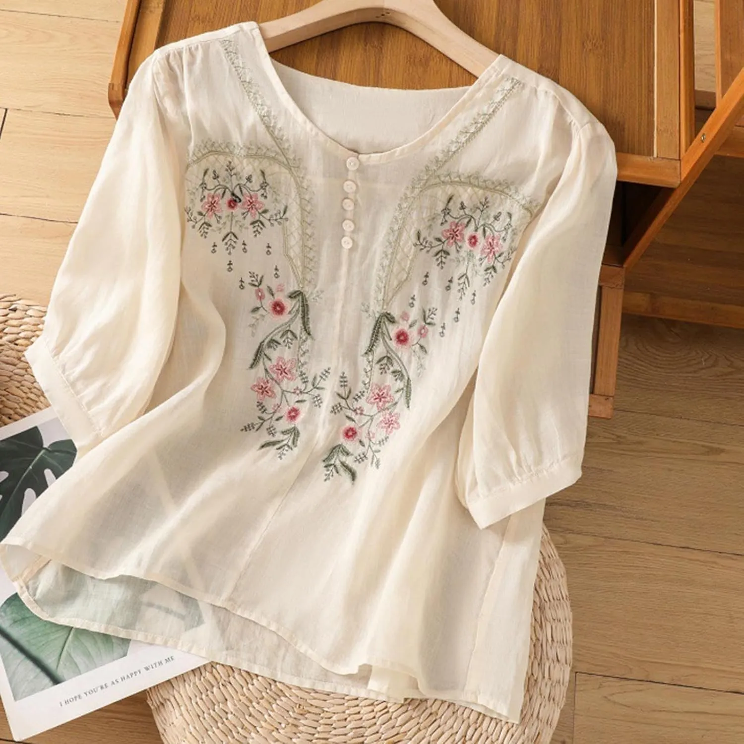 Cotton Linen Embroidery Blouse for Women Casual Crewneck Button Up Half Sleeve Shirts Boho Floral Loose Fit Tunic Tops