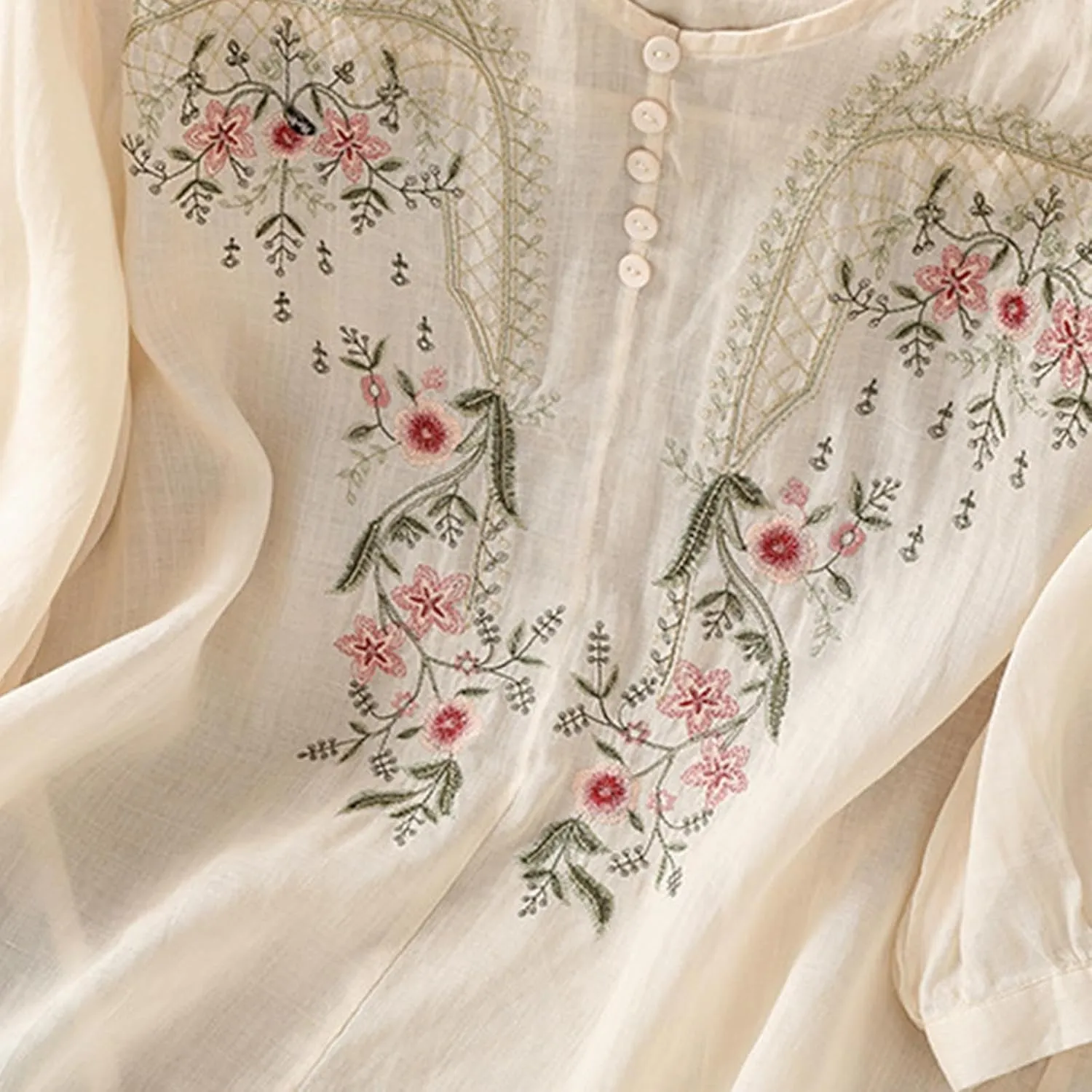 Cotton Linen Embroidery Blouse for Women Casual Crewneck Button Up Half Sleeve Shirts Boho Floral Loose Fit Tunic Tops