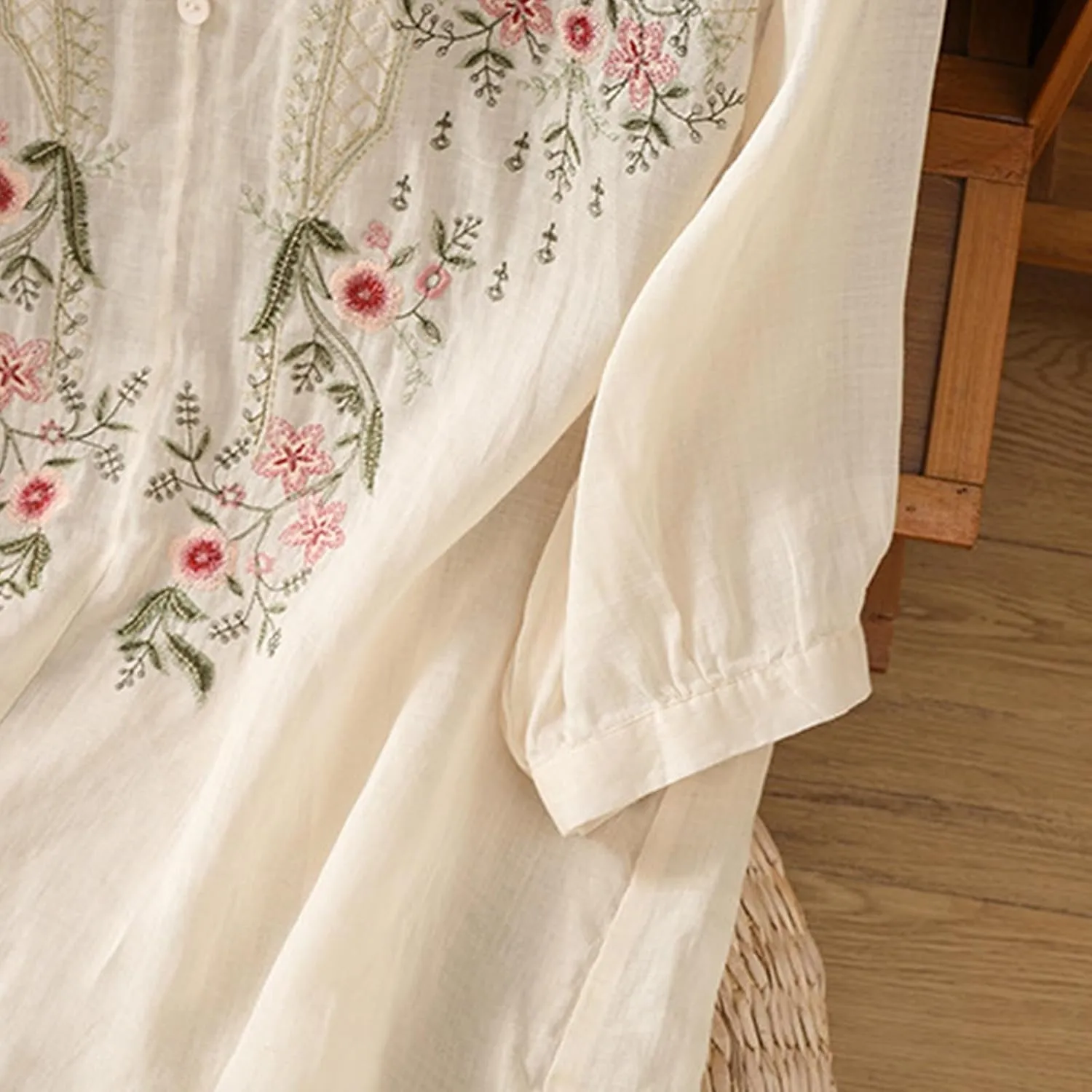 Cotton Linen Embroidery Blouse for Women Casual Crewneck Button Up Half Sleeve Shirts Boho Floral Loose Fit Tunic Tops
