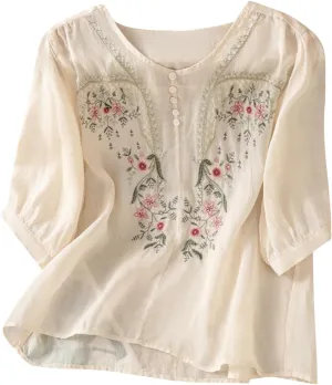 Cotton Linen Embroidery Blouse for Women Casual Crewneck Button Up Half Sleeve Shirts Boho Floral Loose Fit Tunic Tops