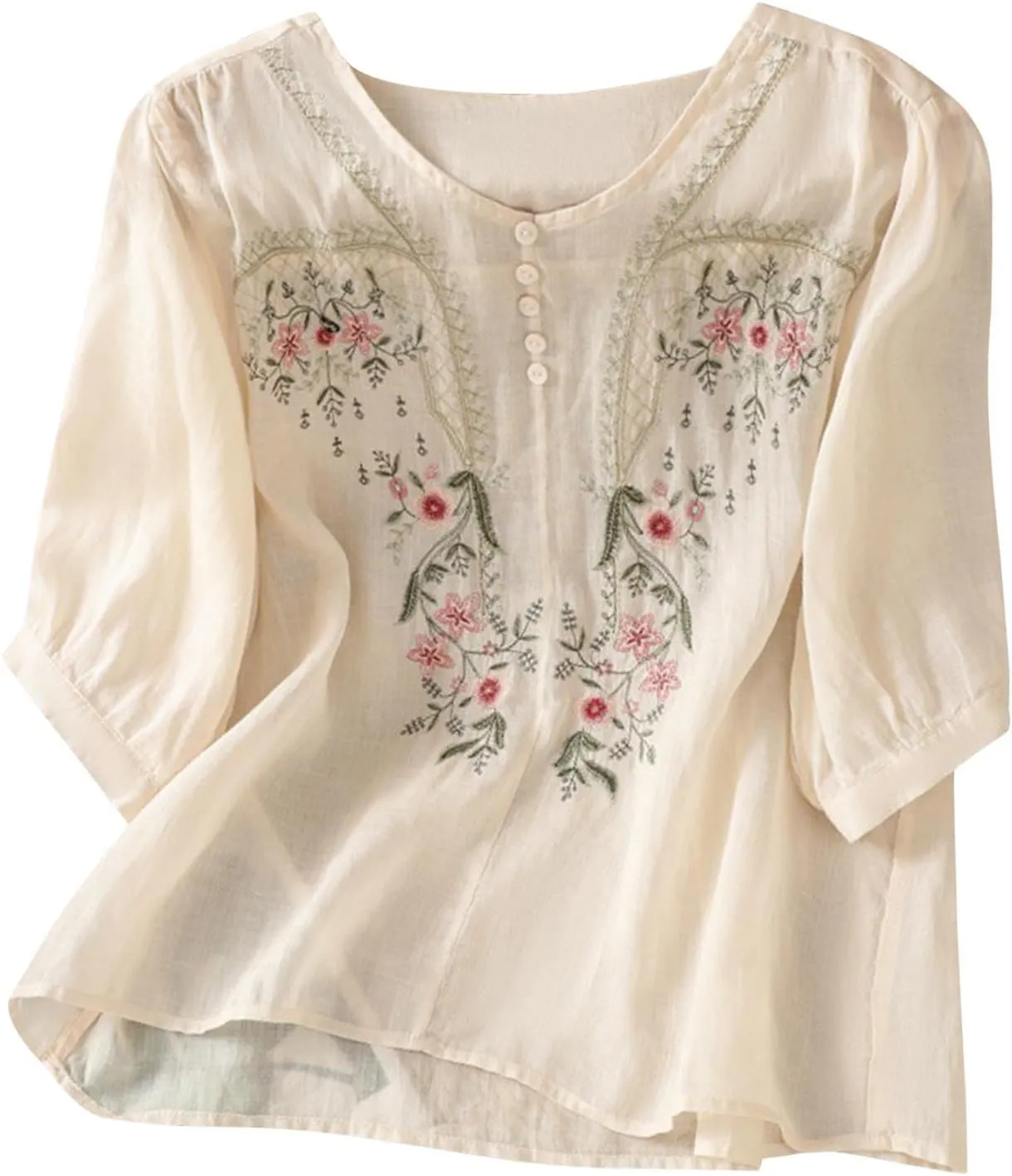 Cotton Linen Embroidery Blouse for Women Casual Crewneck Button Up Half Sleeve Shirts Boho Floral Loose Fit Tunic Tops