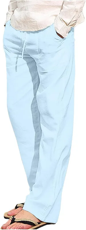 Cotton Linen Mens Casual Linen Pants for Beach or Everyday Wear Relax Drawstring Waist Breathable and Comfortable