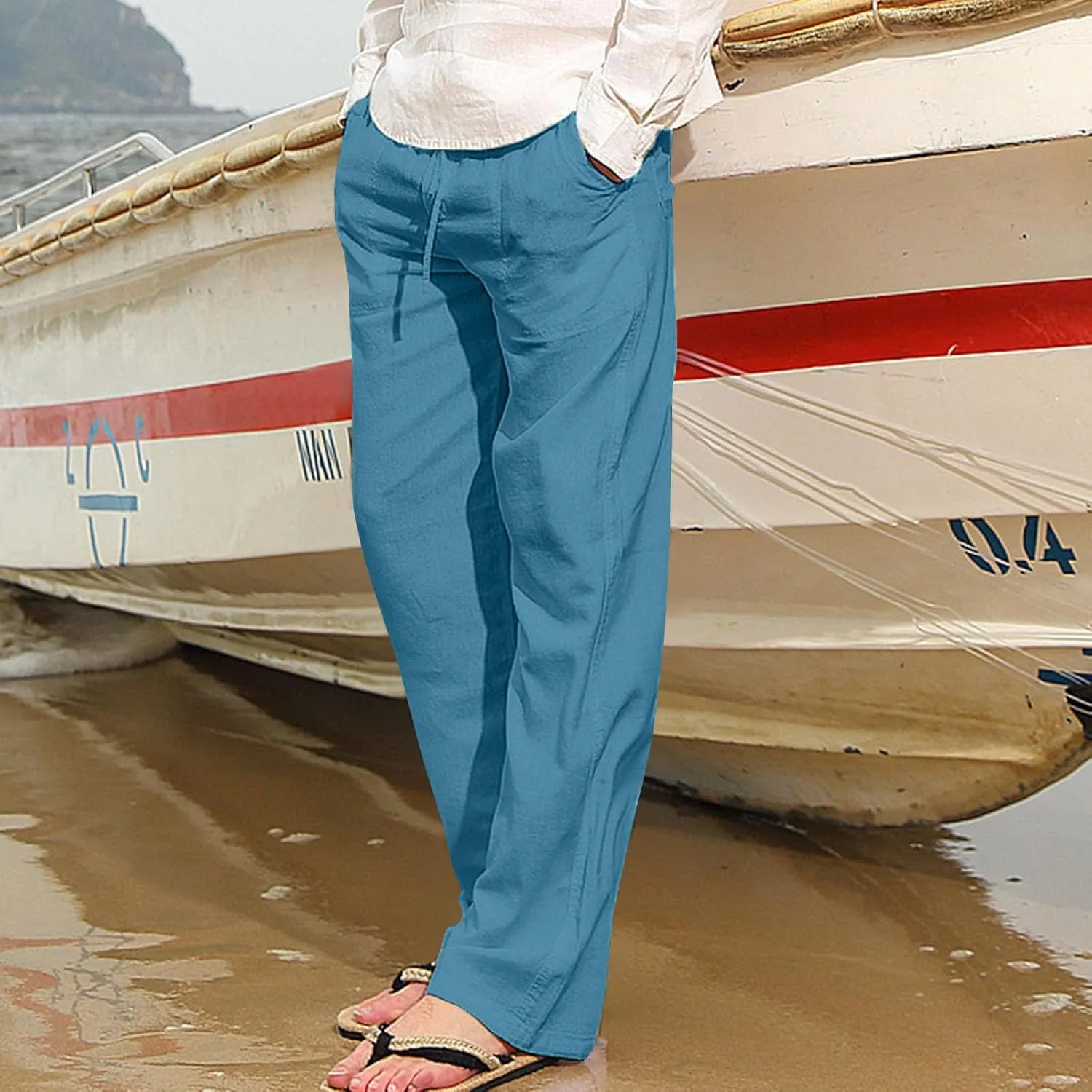 Cotton Linen Mens Casual Linen Pants for Beach or Everyday Wear Relax Drawstring Waist Breathable and Comfortable