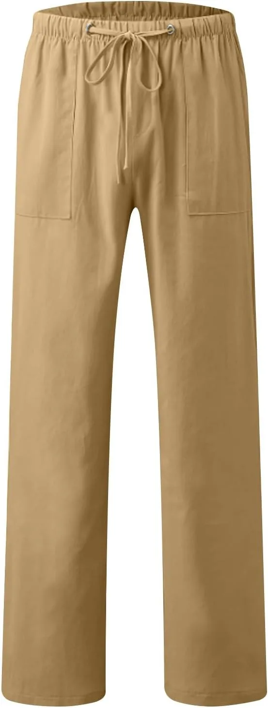 Cotton Linen Mens Casual Linen Pants for Beach or Everyday Wear Relax Drawstring Waist Breathable and Comfortable