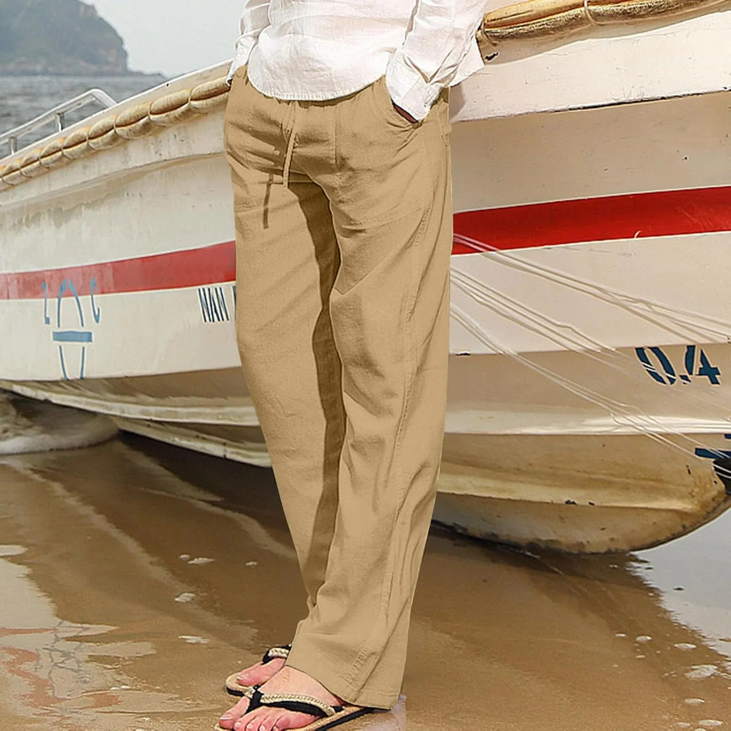 Cotton Linen Mens Casual Linen Pants for Beach or Everyday Wear Relax Drawstring Waist Breathable and Comfortable