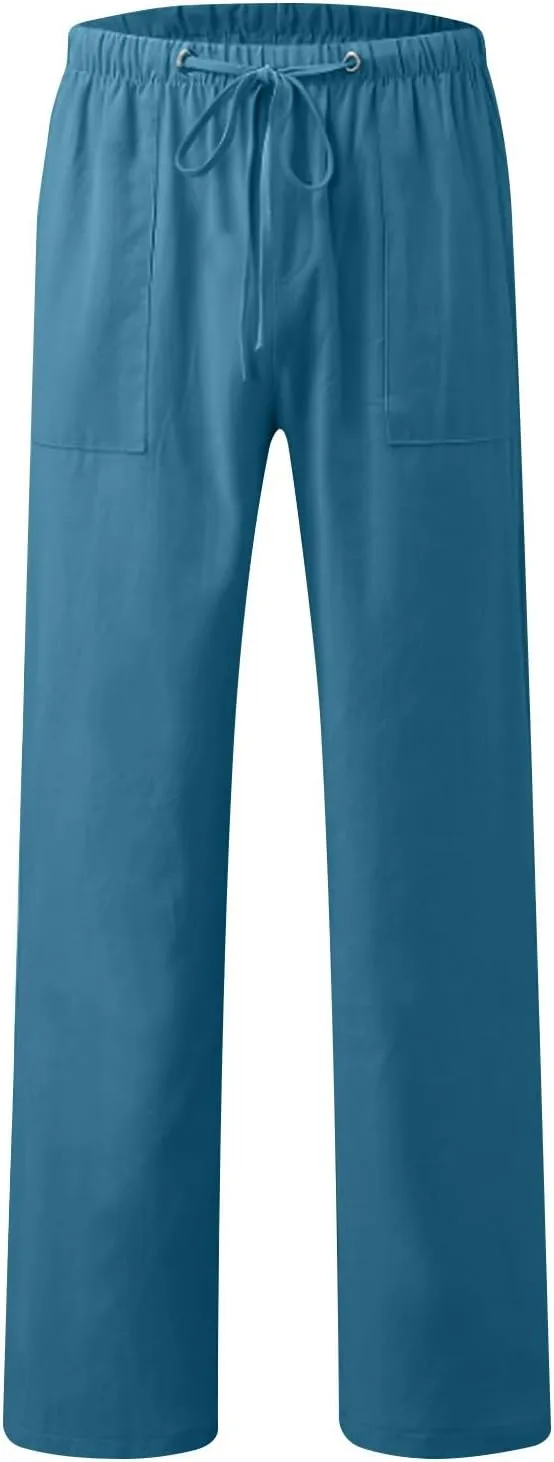 Cotton Linen Mens Casual Linen Pants for Beach or Everyday Wear Relax Drawstring Waist Breathable and Comfortable