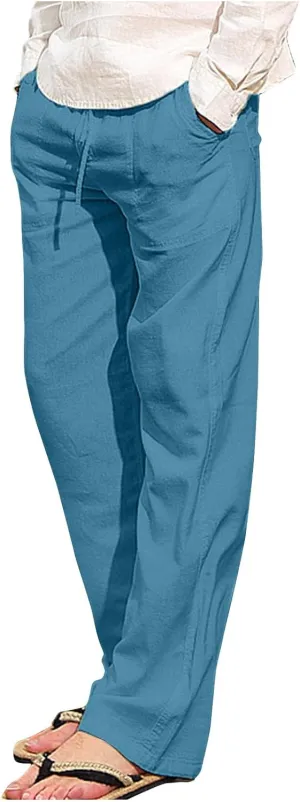Cotton Linen Mens Casual Linen Pants for Beach or Everyday Wear Relax Drawstring Waist Breathable and Comfortable